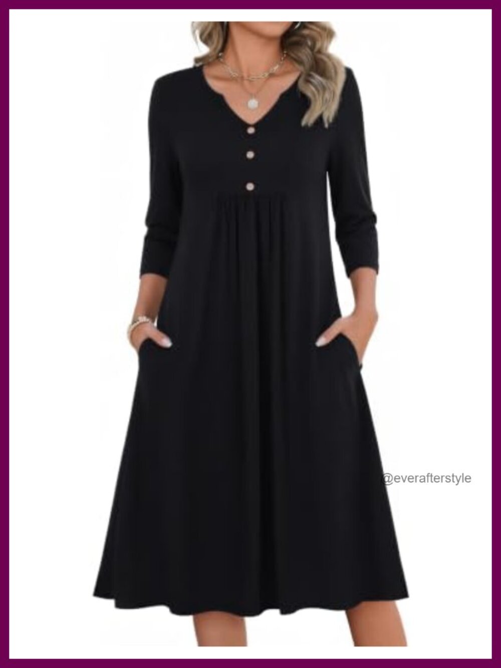 3/4 Sleeve Casual Fall A Line Midi Dress V Neck Empire Waist Pockets